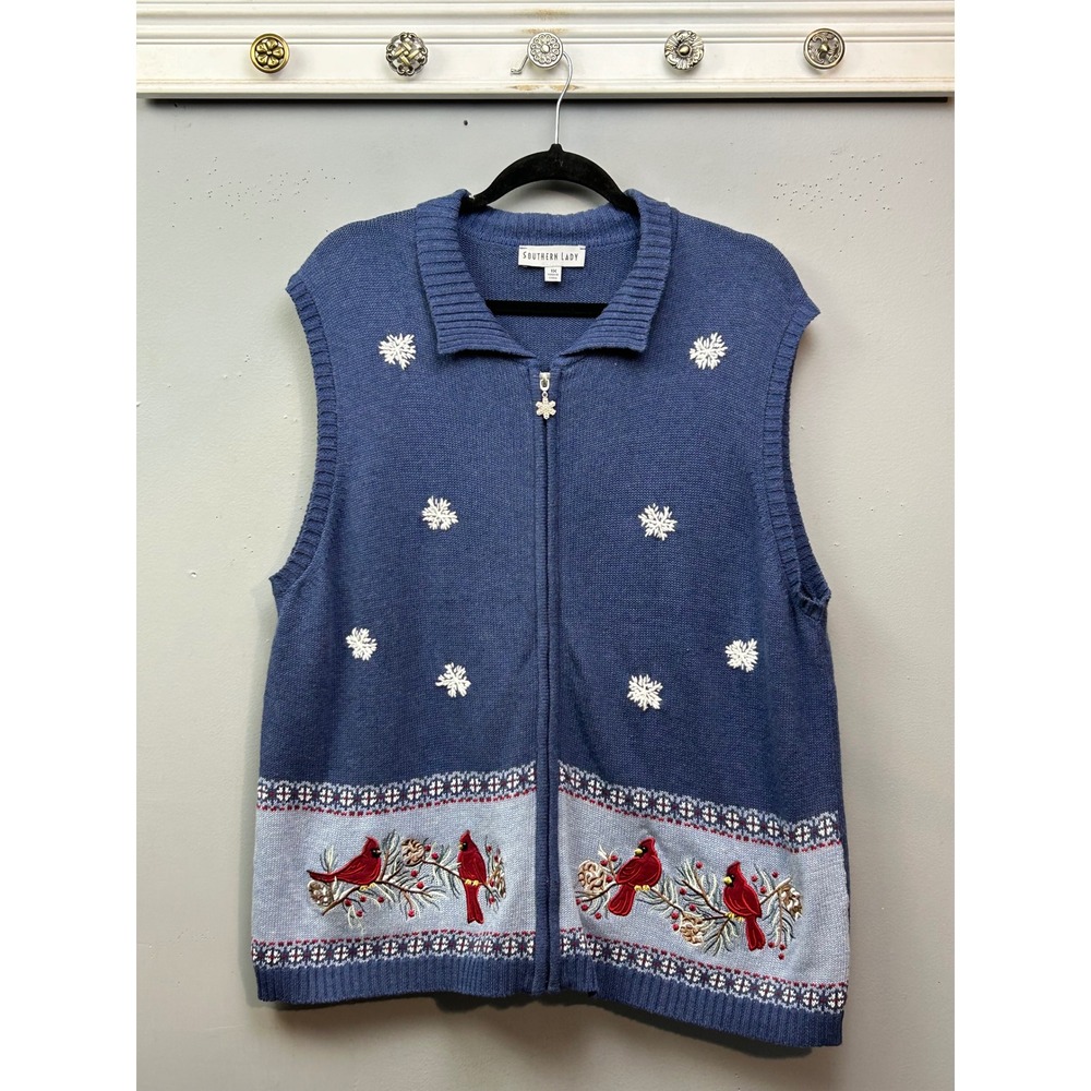 Southern Lady Blue Cardinal Snowflake Knit Vest Womens 1X Zip‎ Collar Winter